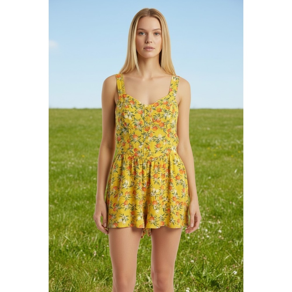 Wild Fable Yellow Orange Fruit Floral Print Romper XS Sleeveless Button Front